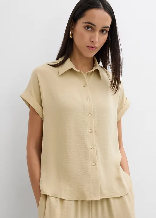 Bonprix Weite Bluse Mit Kurzem Arm Aus Strukturiertem Crêpe - Beige