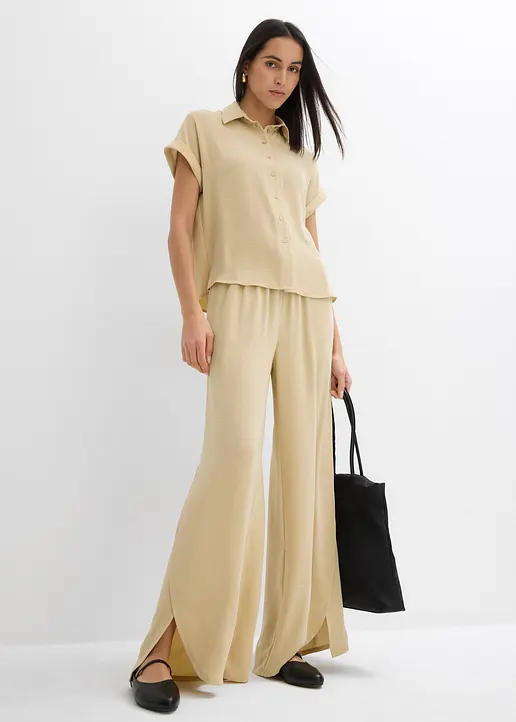 Bonprix Weite Bluse Mit Kurzem Arm Aus Strukturiertem Crêpe - Beige