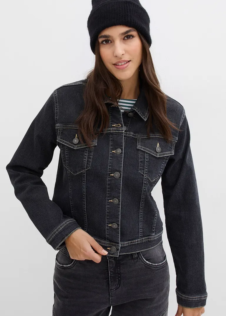 Bonprix Weite Boyfriend Jeansjacke Mit Stretch - Schwarz