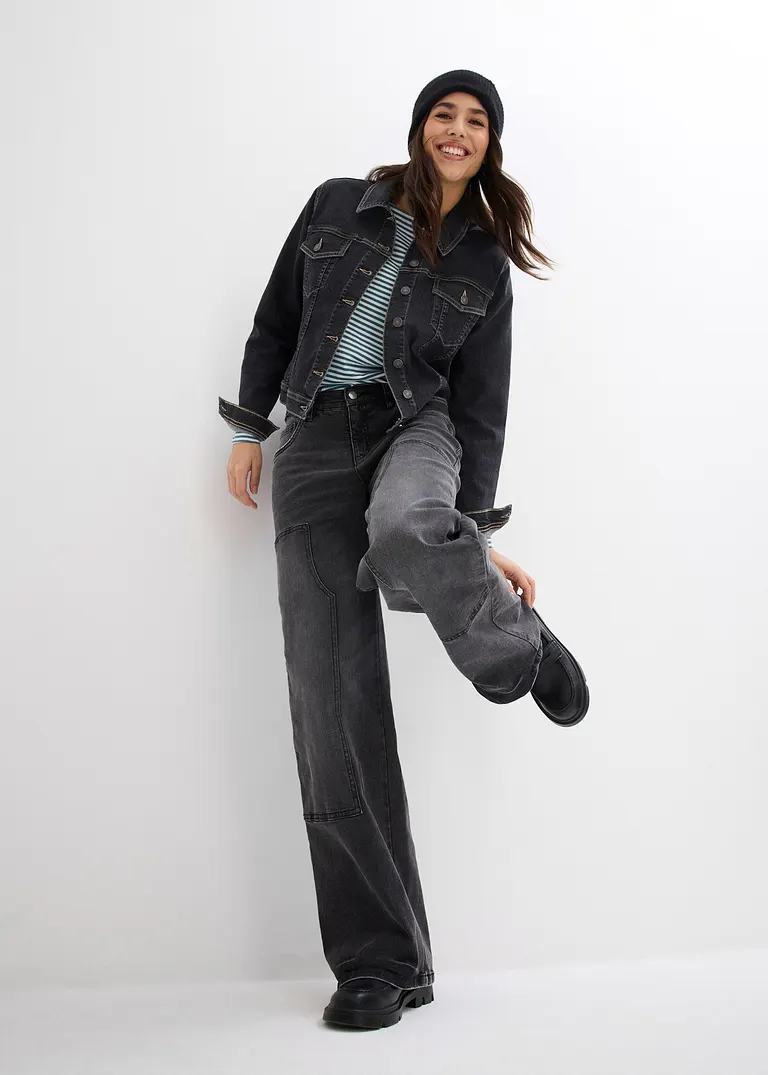Bonprix Weite Boyfriend Jeansjacke Mit Stretch - Schwarz