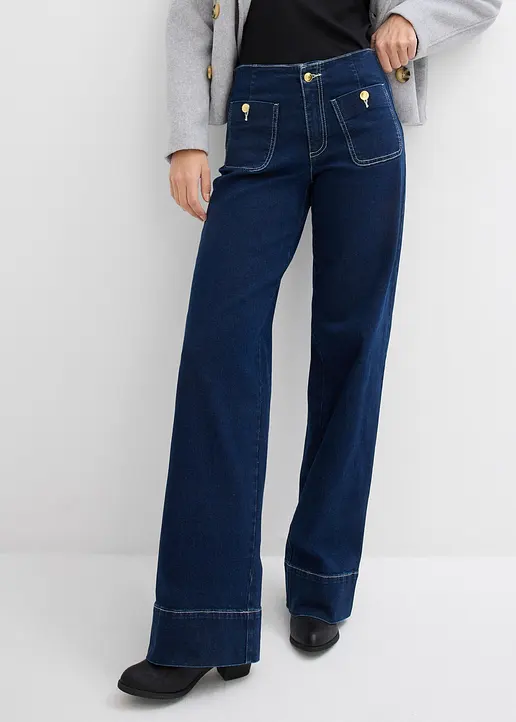 Bonprix Weite Jeans Mit Mittlerem Bund Und Stretch - Blau Petite - Damen