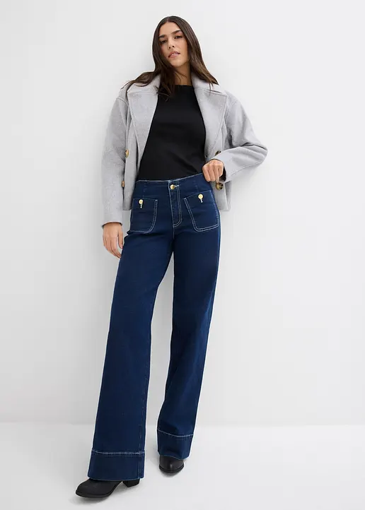 Bonprix Weite Jeans Mit Mittlerem Bund Und Stretch - Blau Petite - Damen