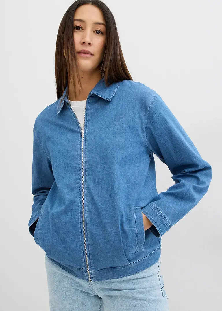 Bonprix Weite Jeansjacke Im Blousonstil Mit Reißverschluss - Blau - Damen