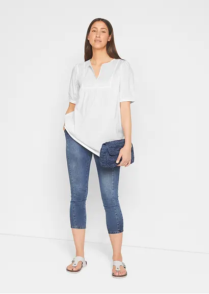 Bonprix Weite Longbluse Mit Kurzen Ärmeln - Weiß - Damen