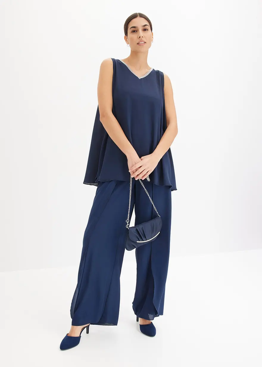 Bonprix Weite Palazzo-Hose Mit Überlappung Aus Feinem Georgette - Blau