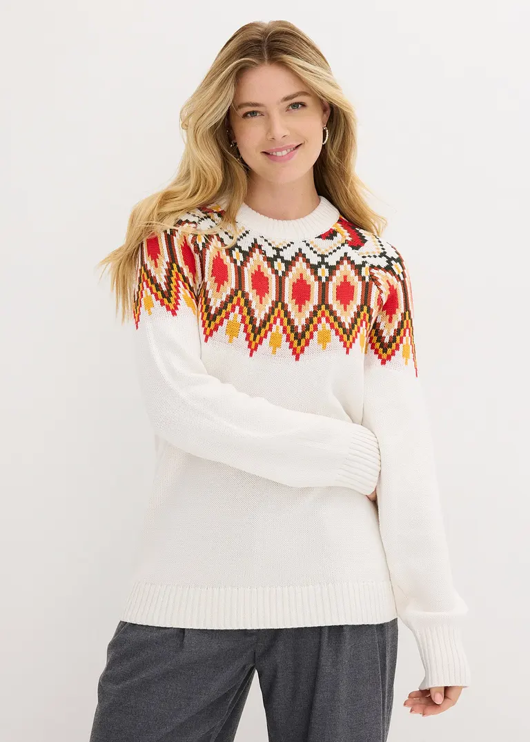 Bonprix Weiter Norgwegerpullover Umspielt Locker Die Figur - Weiß - Damen