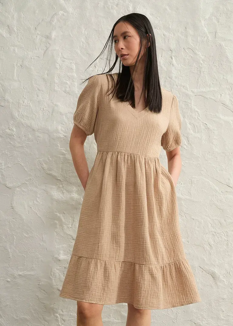 Bonprix Weites Baumwollkleid Mit Streckendem V-Ausschnitt - Beige - Damen
