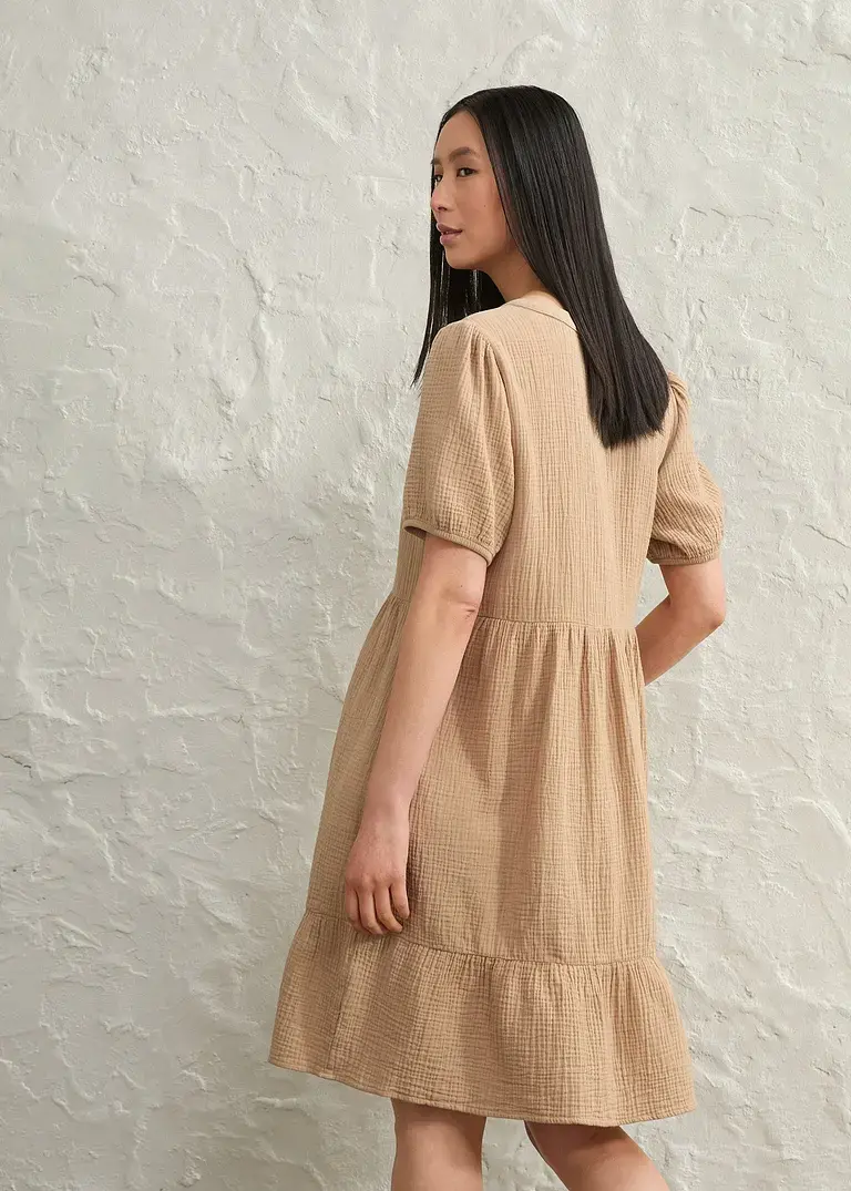 Bonprix Weites Baumwollkleid Mit Streckendem V-Ausschnitt - Beige - Damen