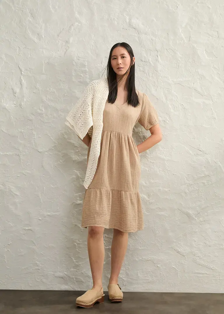Bonprix Weites Baumwollkleid Mit Streckendem V-Ausschnitt - Beige - Damen