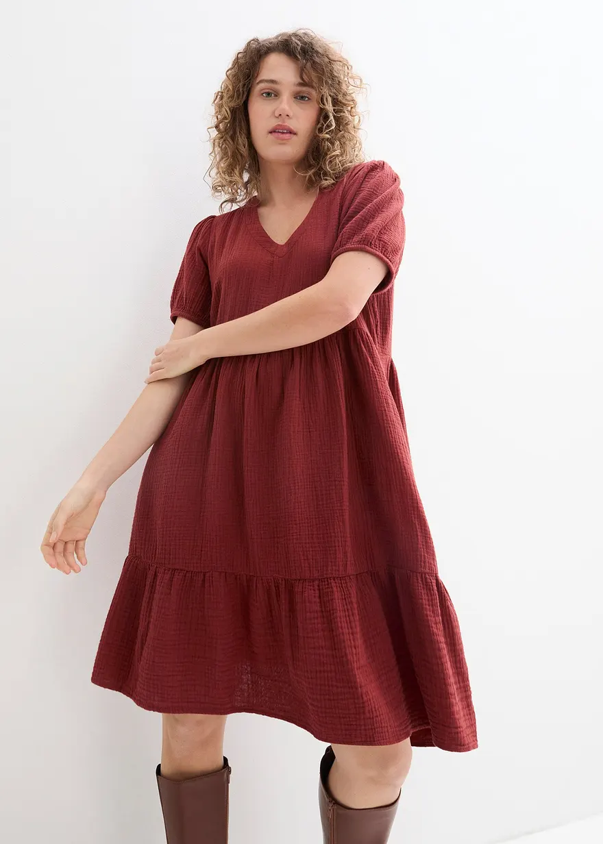 Bonprix Weites Baumwollkleid Mit Streckendem V-Ausschnitt - Braun - Damen
