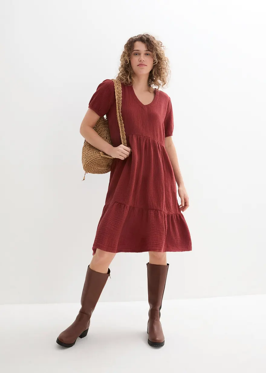 Bonprix Weites Baumwollkleid Mit Streckendem V-Ausschnitt - Braun - Damen