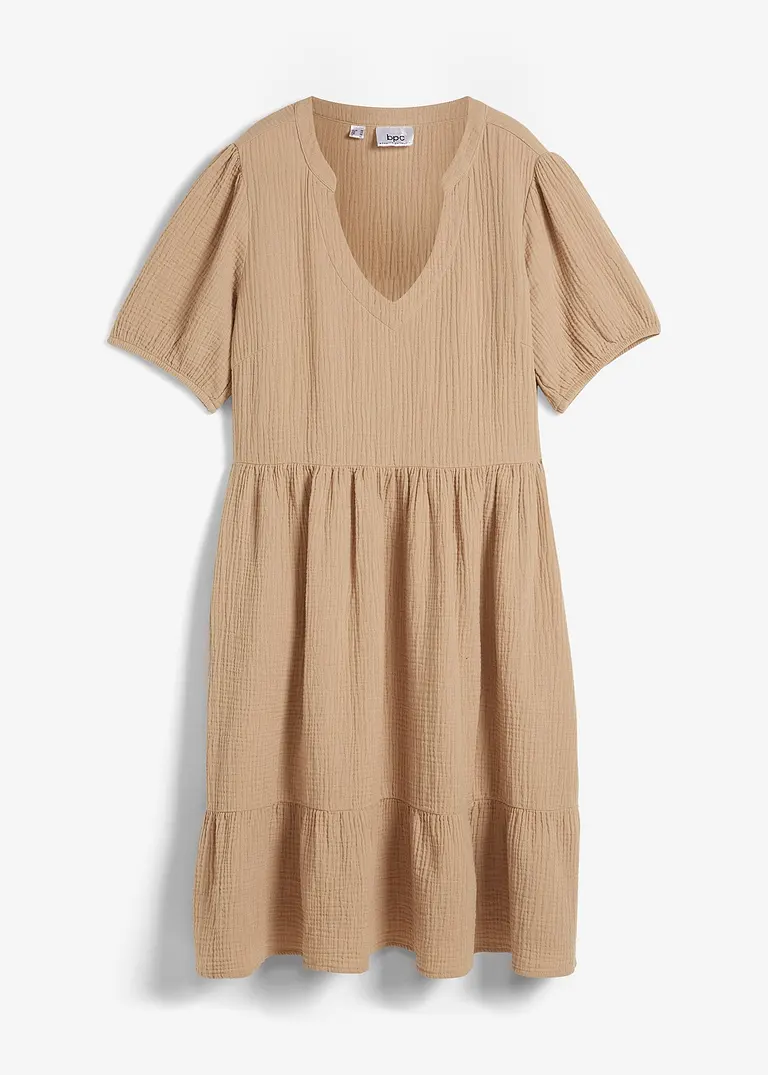 bonprix Weites Baumwollkleid mit streckendem V-Ausschnitt - beige - Damen