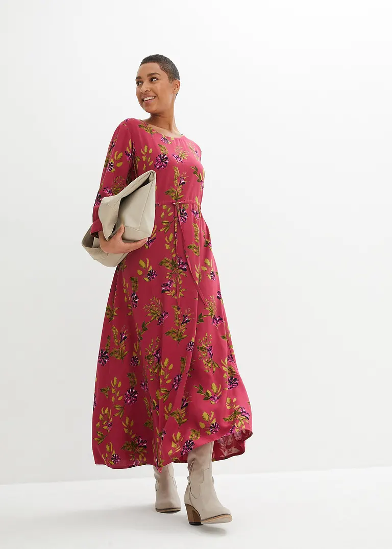 Bonprix Weites Viskosekleid Mit Bindeband Und Floralem Druck - Pink