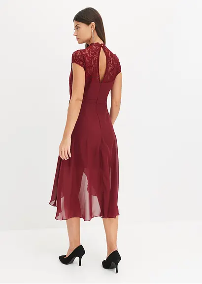 Bonprix Weitschwingendes Vokuhila-Kleid Aus Feinem Chiffon Mit Spitzen-Einsatz Im Oberteil