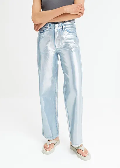 Bonprix Wide-Leg-Jeans Mit Glanzbeschichtung - Blau - Damen