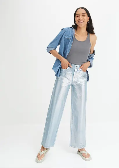 Bonprix Wide-Leg-Jeans Mit Glanzbeschichtung - Blau - Damen
