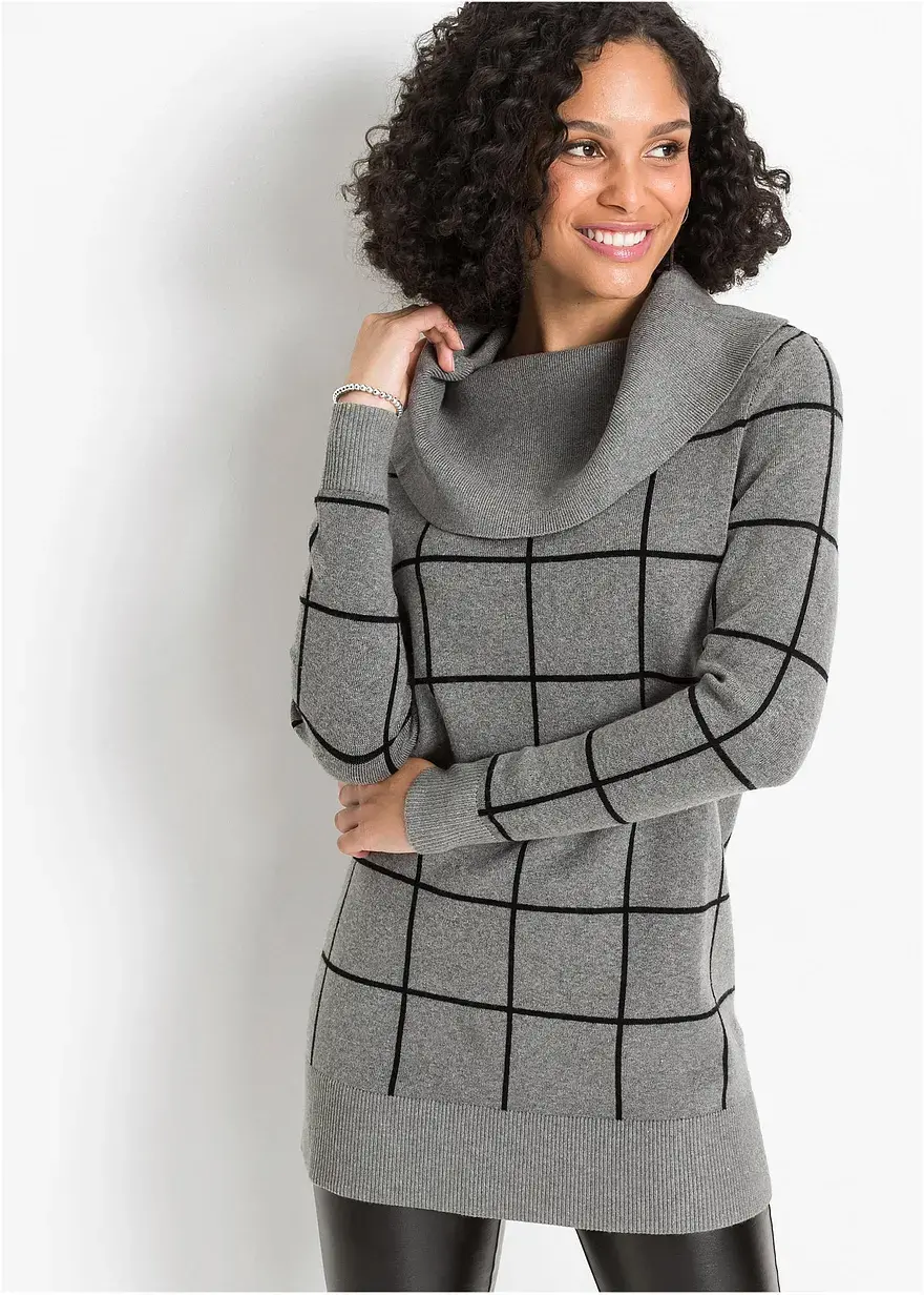 Bonprix Wunderschöner Long-Pullover Im Karomuster - Grau