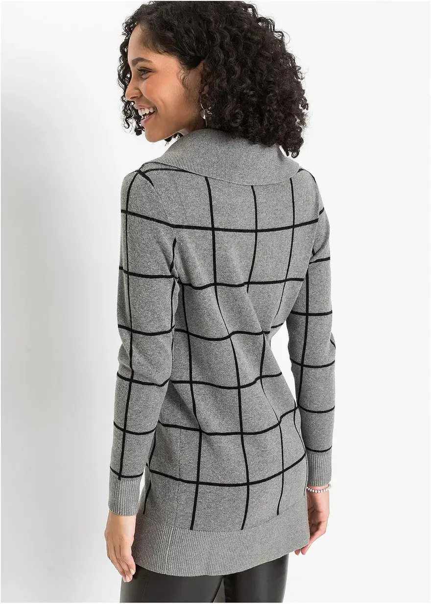 Bonprix Wunderschöner Long-Pullover Im Karomuster - Grau