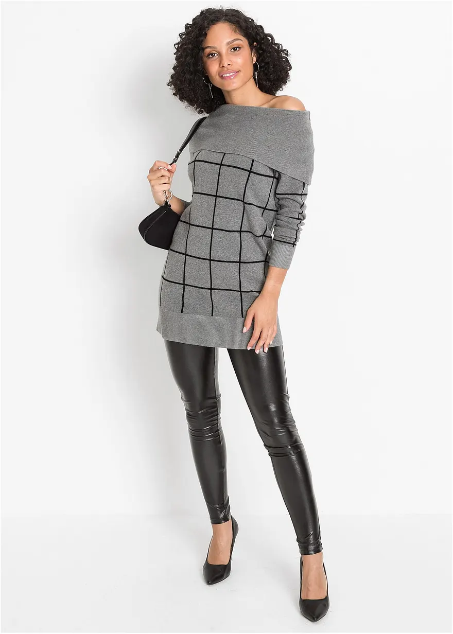 Bonprix Wunderschöner Long-Pullover Im Karomuster - Grau