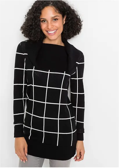 Bonprix Wunderschöner Long-Pullover Im Karomuster - Schwarz
