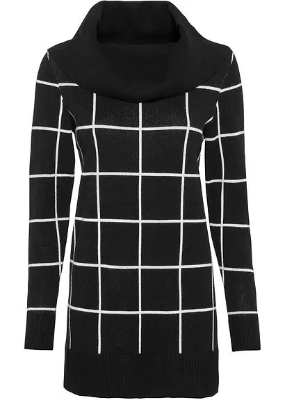 bonprix Wunderschöner Long-Pullover im Karomuster - schwarz