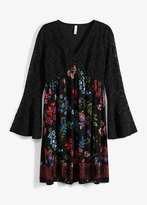 bonprix Wunderschönes Jersey-Kleid mit Spitze im Vintage-Style mit Volant-Ärmeln und bedrucktem Rockteil