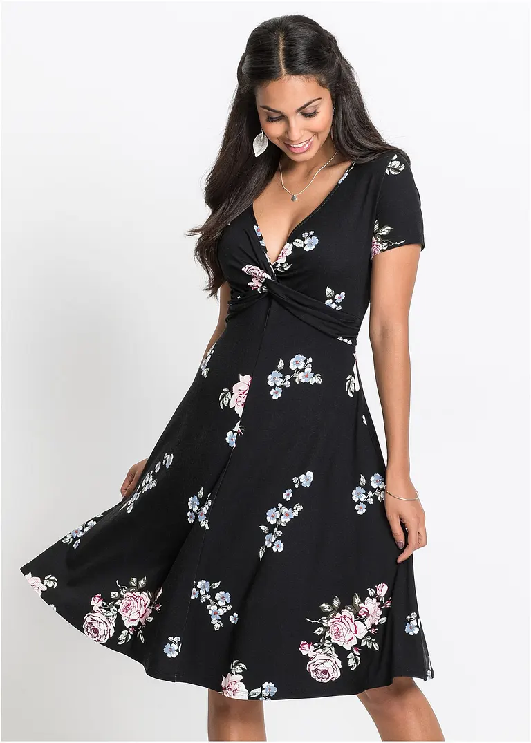 Bonprix Wunderschönes Shirtkleid Mit Dekorativem Knoten - Schwarz - Damen