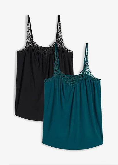 bonprix Zartes Spitzen-Top im Doppelpack - schwarz/petrol