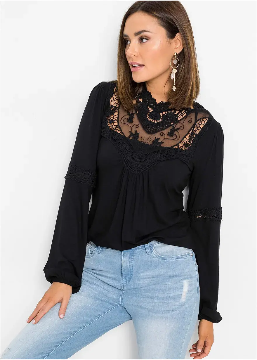 Bonprix Zauberhaftes Blusen-Shirt Mit Spitzendetails Und Stehkragen