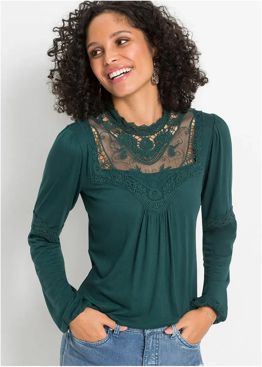 Bonprix Zauberhaftes Blusen-Shirt Mit Spitzendetails Und Stehkragen
