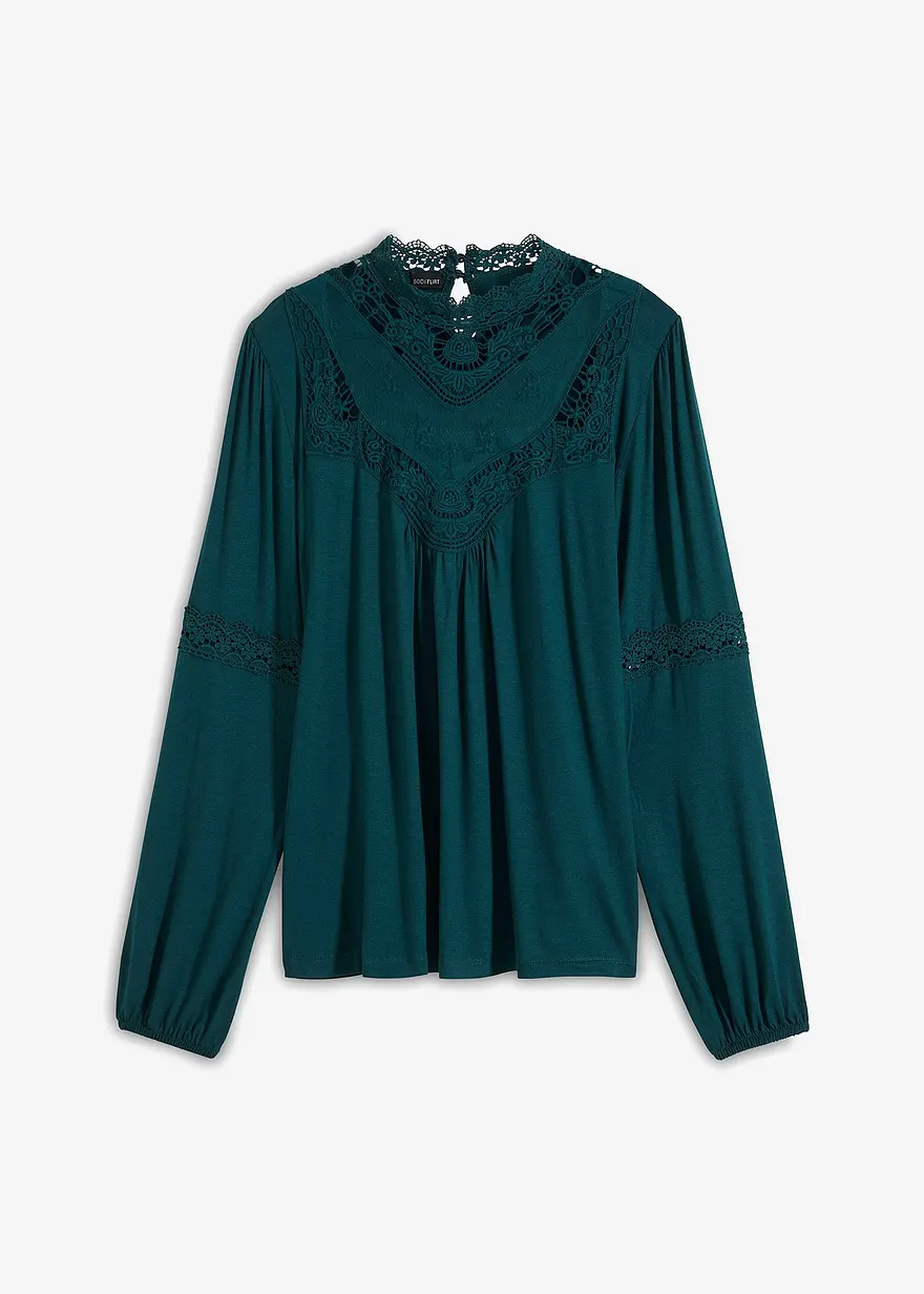 bonprix Zauberhaftes Blusen-Shirt mit Spitzendetails und Stehkragen