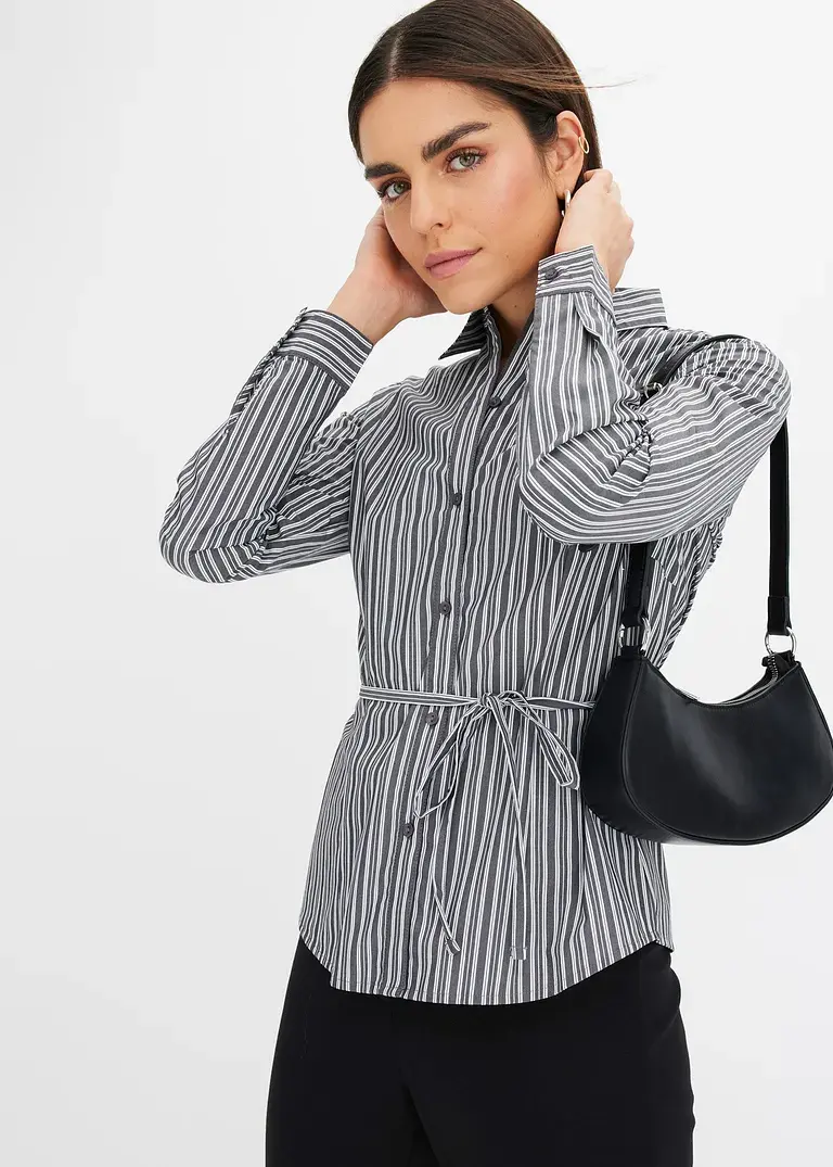 Bonprix Zeitlose Bluse Mit Bindegürtel - Schwarz - Damen