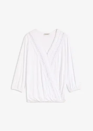 bonprix Zeitlose Bluse mit Wickeloptik und hochwertiger Spitze - weiß