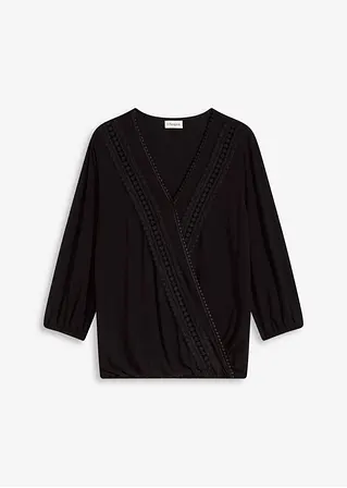 bonprix Zeitlose Bluse mit Wickeloptik und hochwertiger Spitze - schwarz
