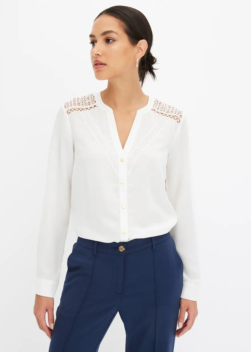 Bonprix Zeitlose Crepe-Bluse Mit Spitze - Weiß - Damen