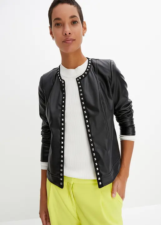 Bonprix Zeitloser Lederimitat-Blazer Mit Nieten - Schwarz