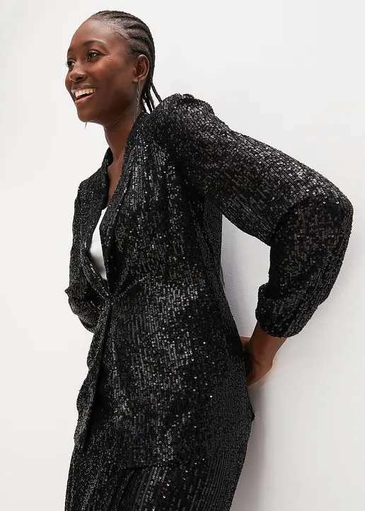 Bonprix Zeitloser Pailletten-Blazer Ohne Verschluss - Schwarz