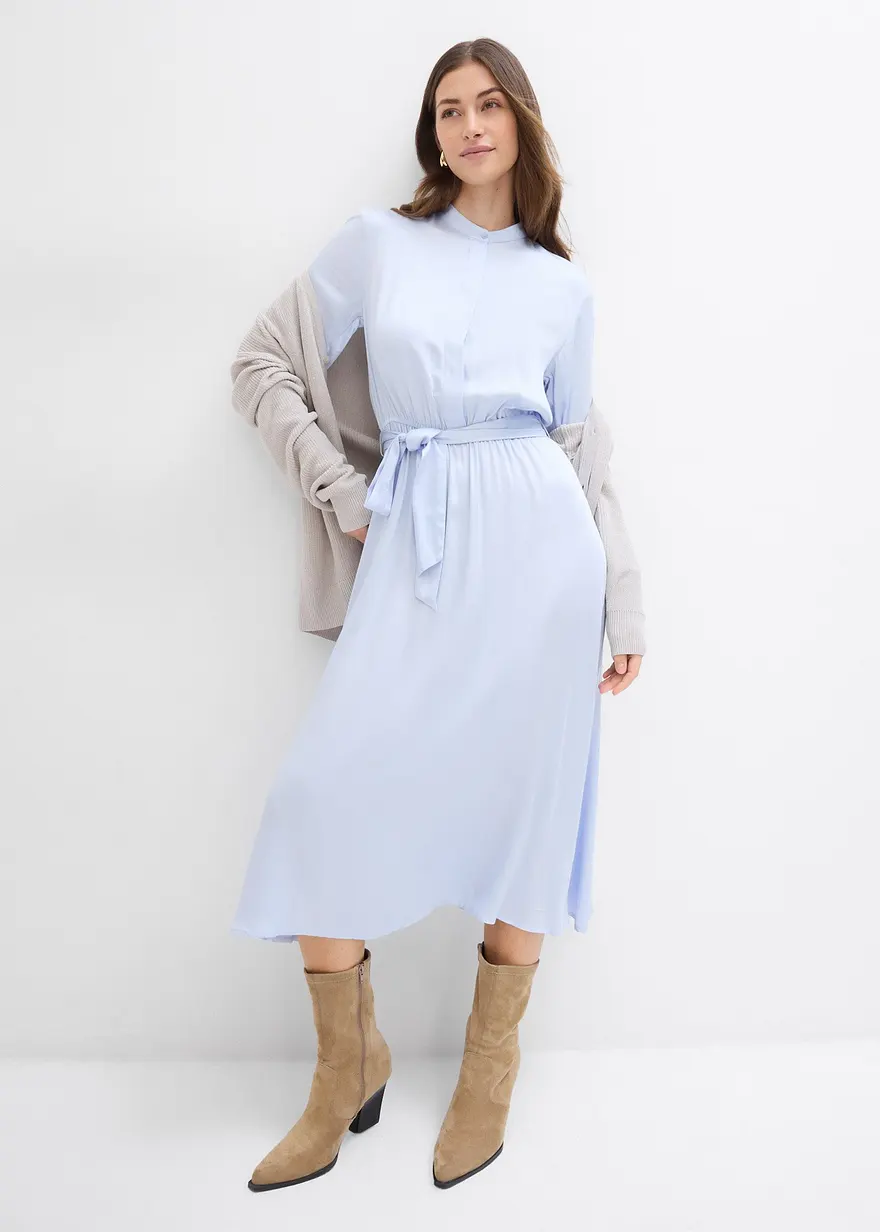 Bonprix Zeitloses Hemdblusenkleid Aus Satin - Blau - Damen