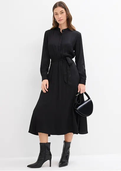 Bonprix Zeitloses Hemdblusenkleid Aus Satin - Schwarz - Damen