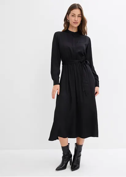Bonprix Zeitloses Hemdblusenkleid Aus Satin - Schwarz - Damen