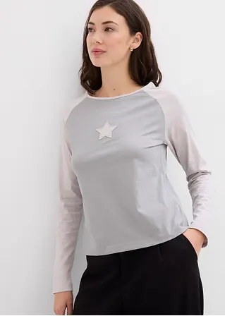 Bonprix Zweifarbiges Langarmshirt Mit Stickerei Und Raglanärmeln - Grau