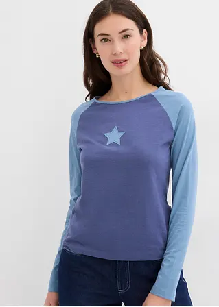 Bonprix Zweifarbiges Langarmshirt Mit Stickerei Und Raglanärmeln - Blau