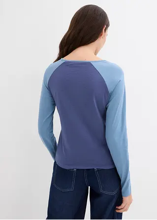 Bonprix Zweifarbiges Langarmshirt Mit Stickerei Und Raglanärmeln - Blau
