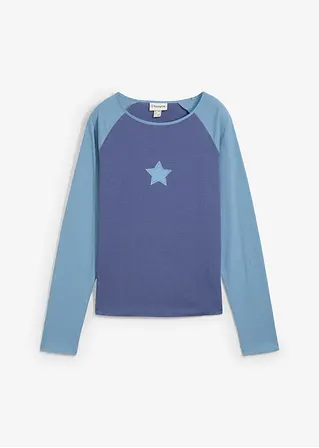 bonprix Zweifarbiges Langarmshirt mit Stickerei und Raglanärmeln - blau