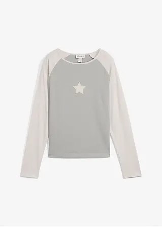 bonprix Zweifarbiges Langarmshirt mit Stickerei und Raglanärmeln - grau